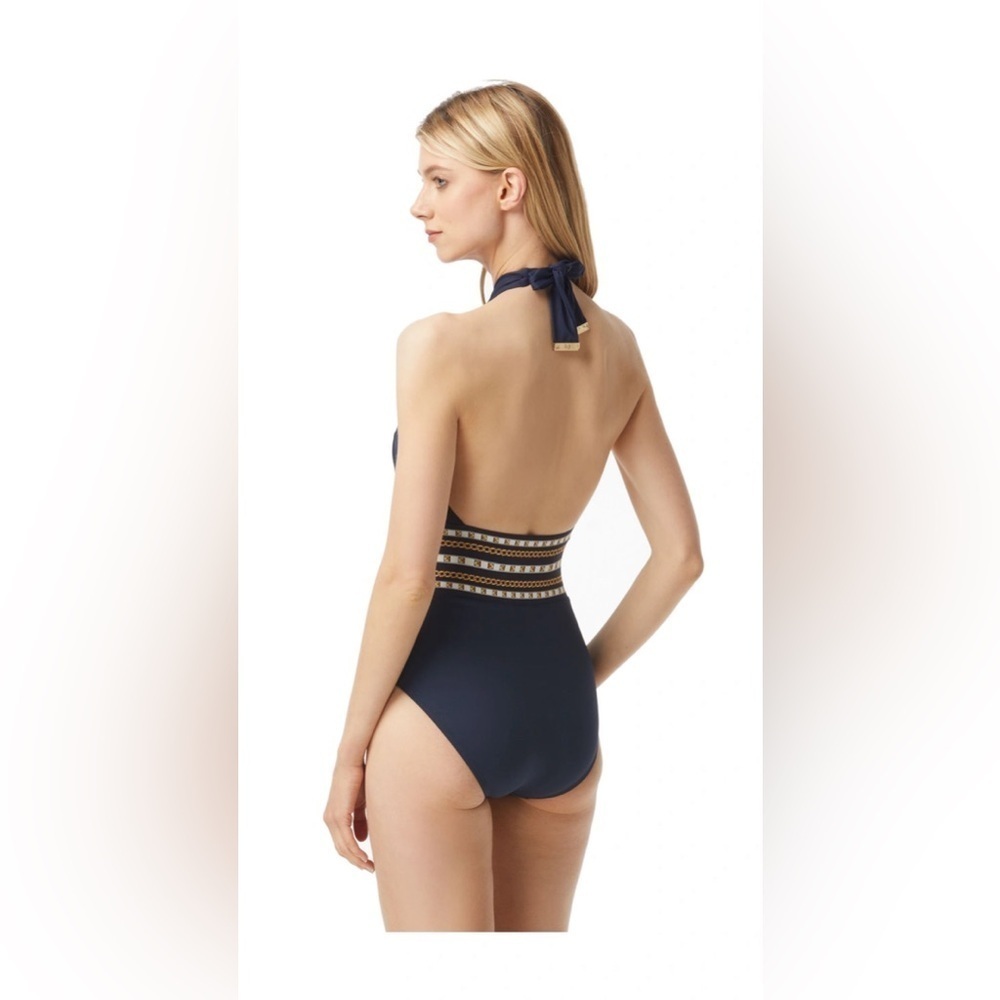 MICHAEL Michael Kors Cross Front Halter One Piece Swimsuit - Chain Border12 A301 - Picture 2 of 7